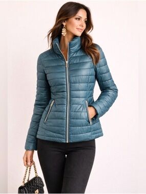 Nanette Lepore Quilted Down Puffer Jacket Teal Lightweight Luxe Size S